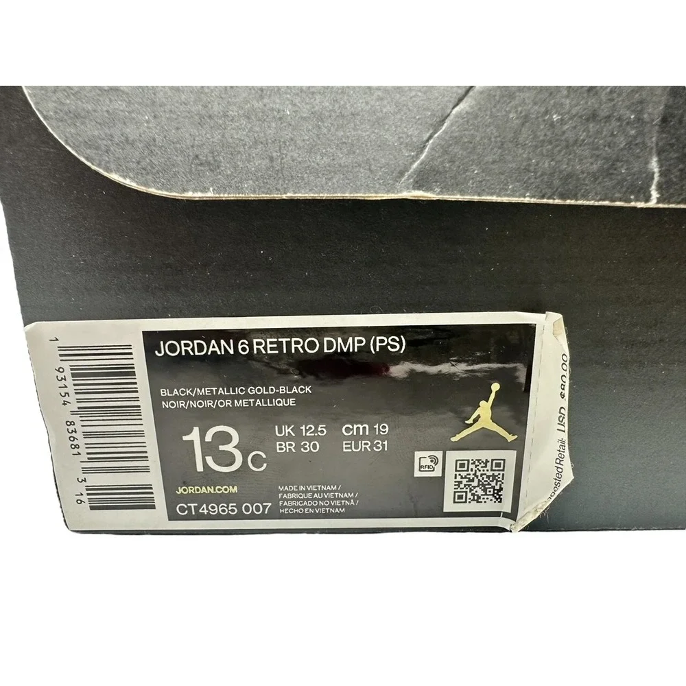 Nike Air Jordan 6 Retro Defining Moments DMP 2020 Size 13C Black Gold CT4965007